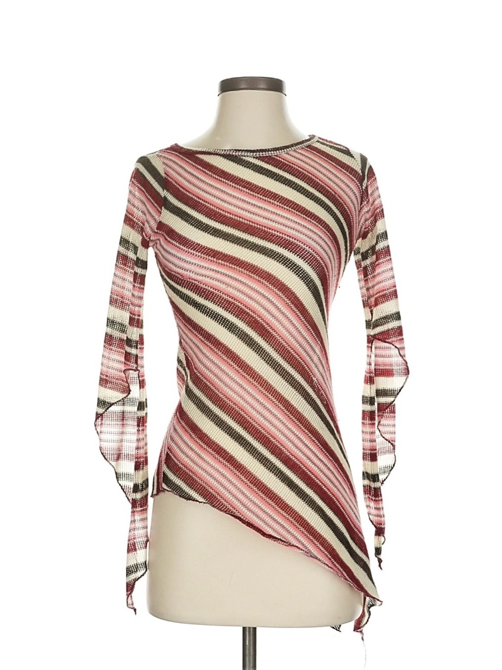 Stripe Knit Asymmetric Long Sleeve Top - Pink & Cream